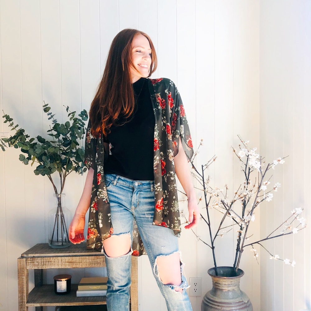 Green Floral Sheer Kimono